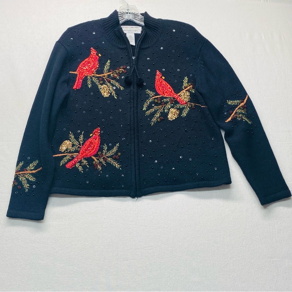 Heirloom Collectibles Black Cardigan Red Sequin Cardinals Beaded Embroidered